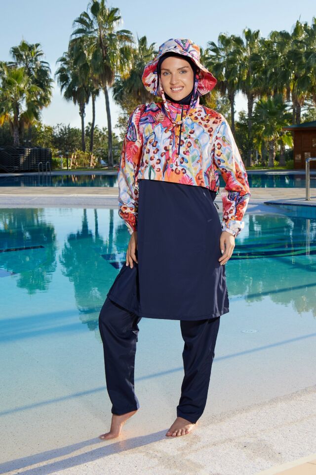 Estiva Paradise Tam Kapalı Croplu Şapkalı Pantolonlu Tesettür Mayo