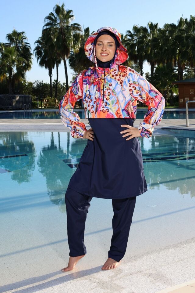 Estiva Paradise Tam Kapalı Croplu Şapkalı Pantolonlu Tesettür Mayo