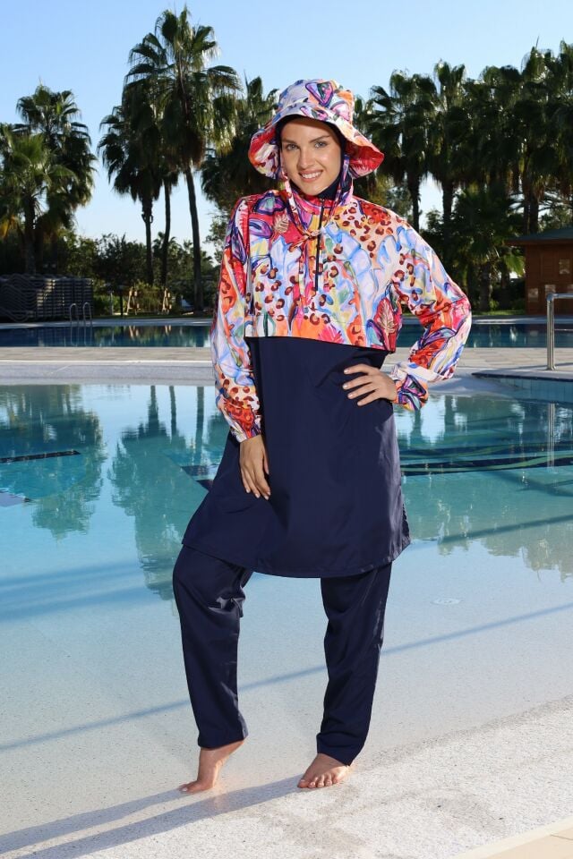 Estiva Paradise Tam Kapalı Croplu Şapkalı Pantolonlu Tesettür Mayo