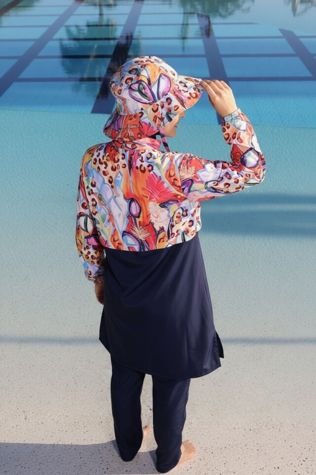 Estiva Paradise Tam Kapalı Croplu Şapkalı Pantolonlu Tesettür Mayo