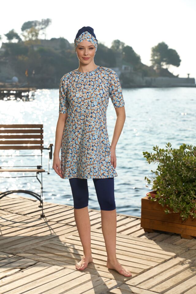 Estiva Kadın Boneli Yarım Kol Dijital Desenli Taytlı Mayo Lacivert