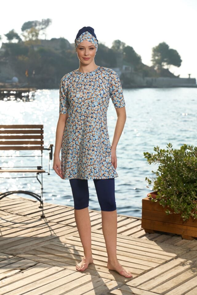 Estiva Kadın Boneli Yarım Kol Dijital Desenli Taytlı Mayo Lacivert