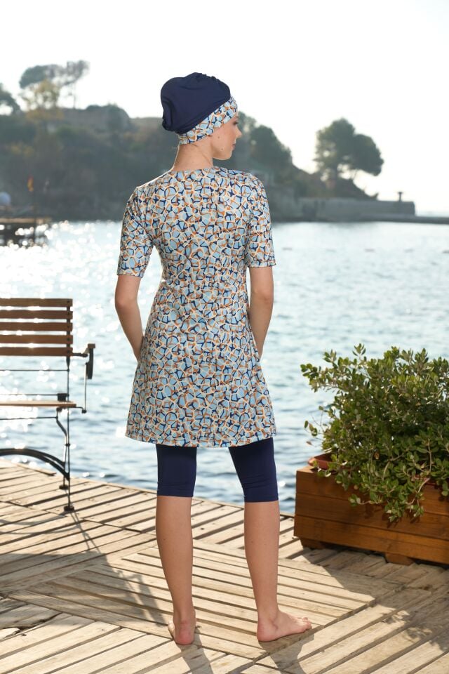 Estiva Kadın Boneli Yarım Kol Dijital Desenli Taytlı Mayo Lacivert