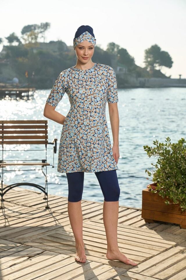 Estiva Kadın Boneli Yarım Kol Dijital Desenli Taytlı Mayo Lacivert