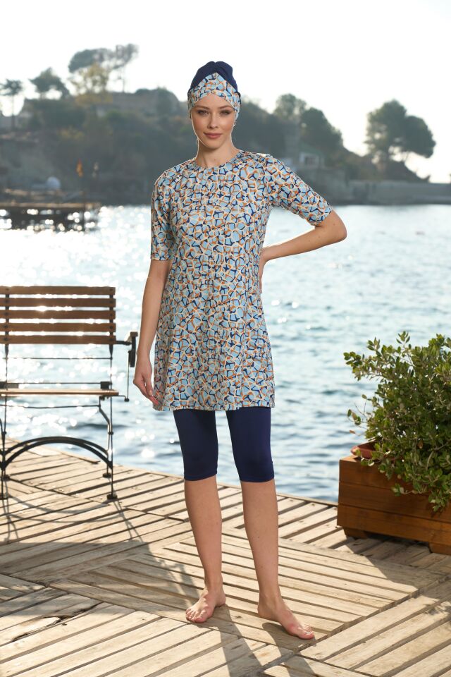 Estiva Kadın Boneli Yarım Kol Dijital Desenli Taytlı Mayo Lacivert