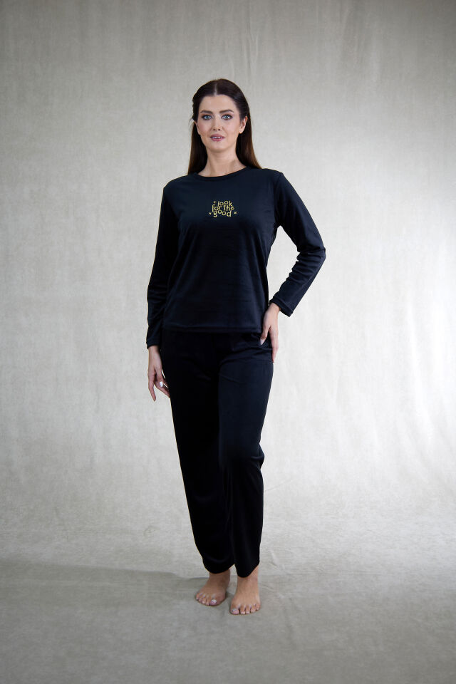 Estiva Kadın Good Yazılı Kadife Pijama Takımı Siyah - M