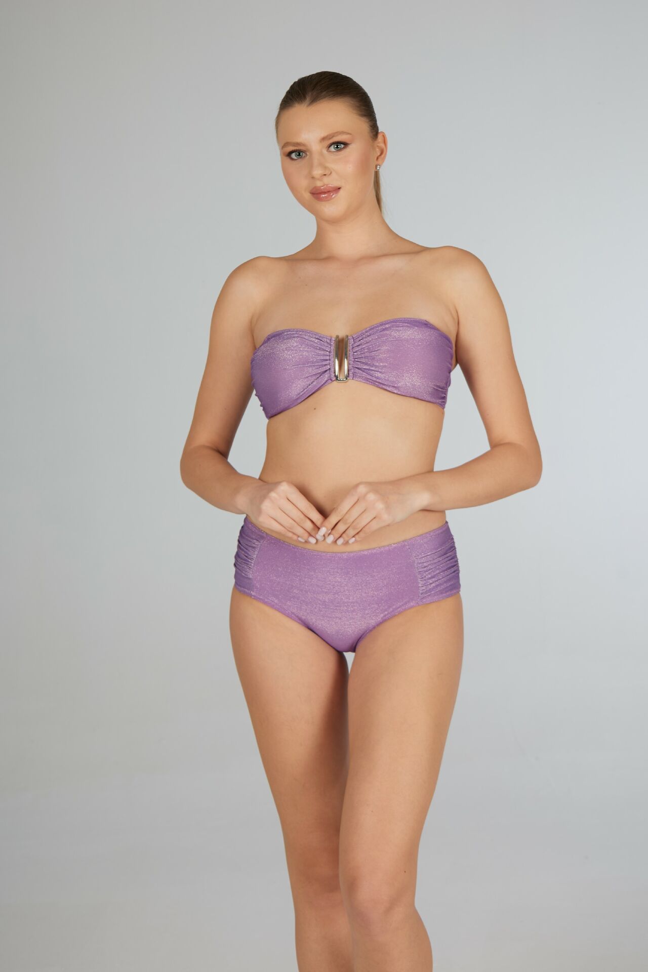 Estiva Kadın Parlak Lila Yüksek Bel Britli Aksesuarlı Straplez Bikini Takımı