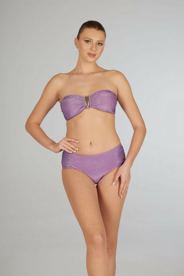 Estiva Kadın Parlak Lila Yüksek Bel Britli Aksesuarlı Straplez Bikini Takımı