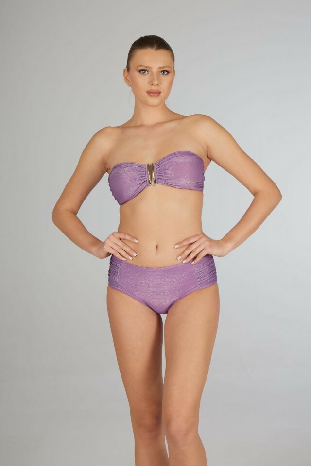 Estiva Kadın Parlak Lila Yüksek Bel Britli Aksesuarlı Straplez Bikini Takımı