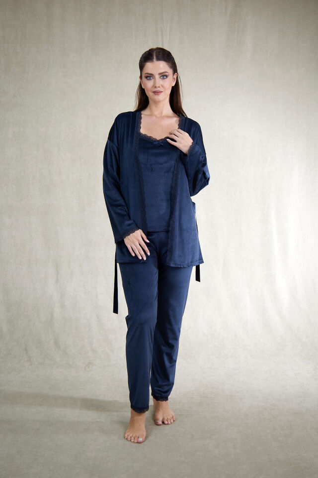 Kadın Kışlık 3 Parça Sabahlıklı Kadife Pijama Takımı