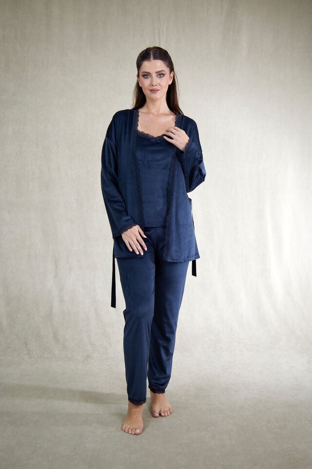 Kadın Kışlık 3 Parça Sabahlıklı Kadife Pijama Takımı
