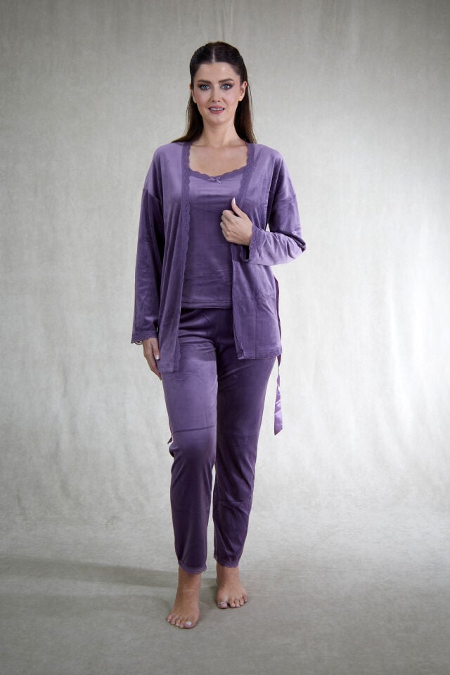 Kadın Kışlık 3 Parça Sabahlıklı Kadife Pijama Takımı