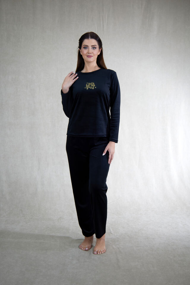 Estiva Kadın Good Yazılı Kadife Pijama Takımı Siyah - L
