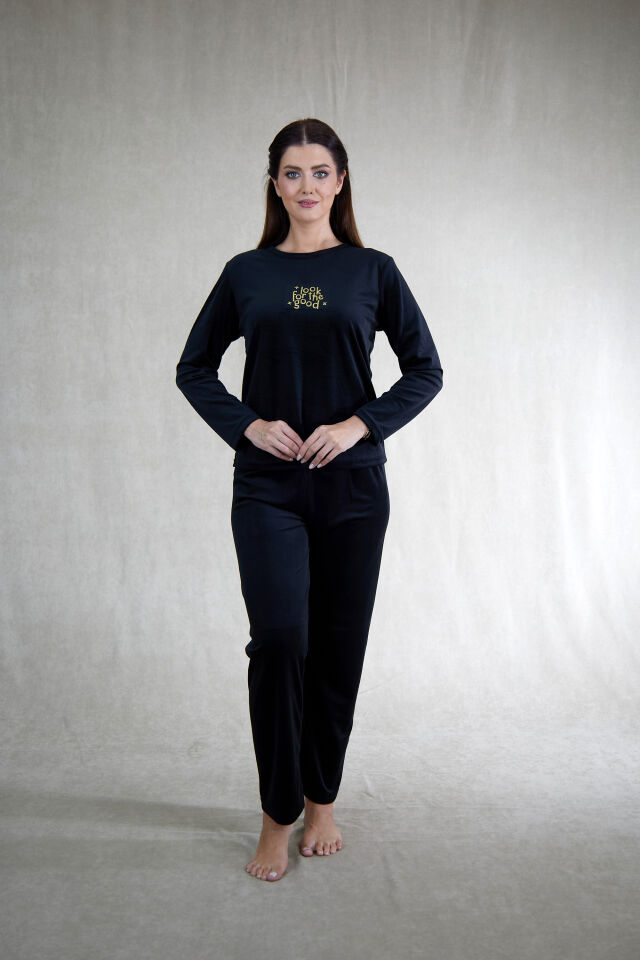 Estiva Kadın Good Yazılı Kadife Pijama Takımı Siyah - L