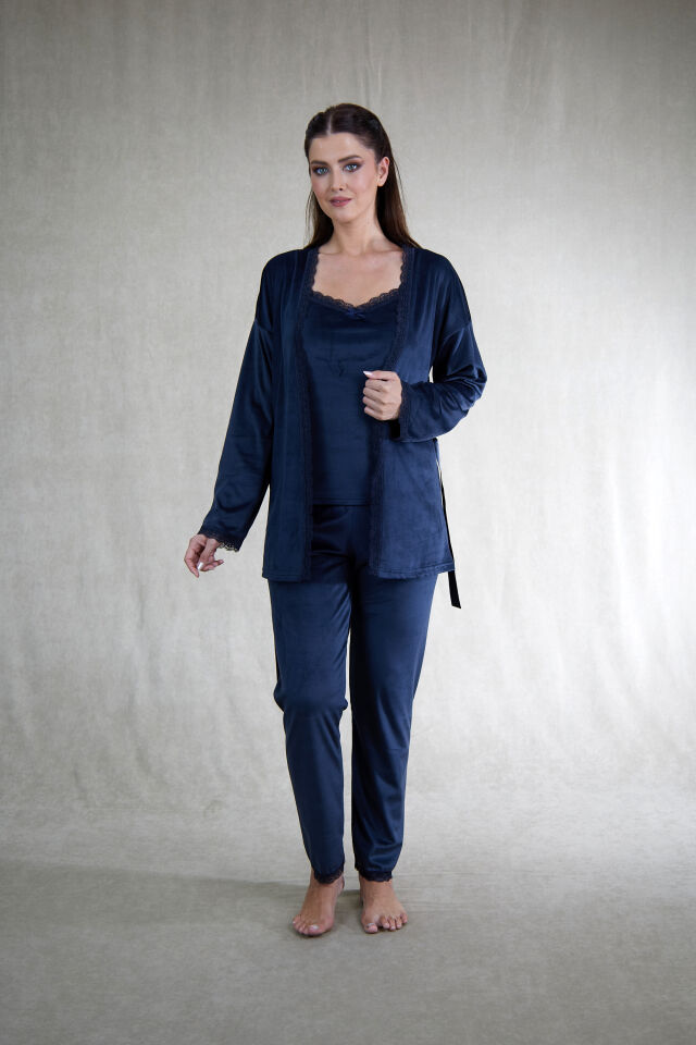 Kadın Kışlık 3 Parça Sabahlıklı Kadife Pijama Takımı M - Lacivert