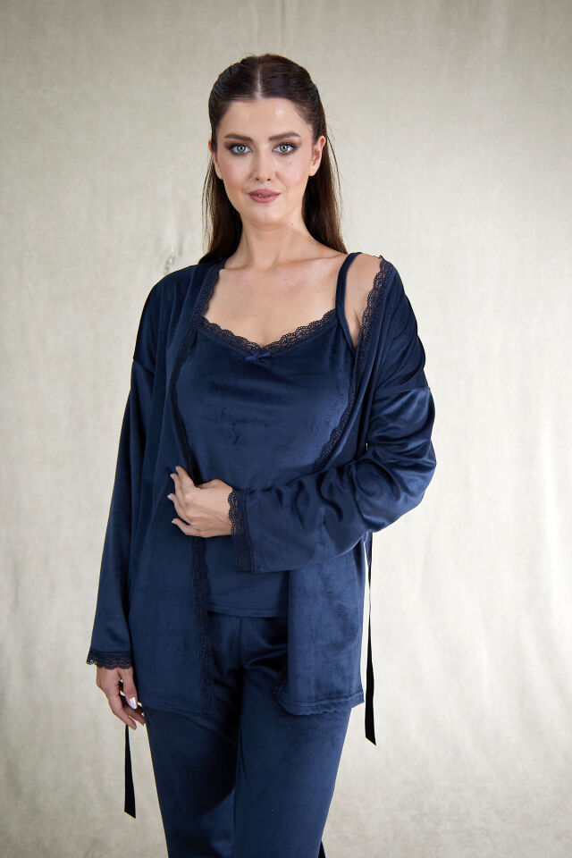 Kadın Kışlık 3 Parça Sabahlıklı Kadife Pijama Takımı M - Lacivert