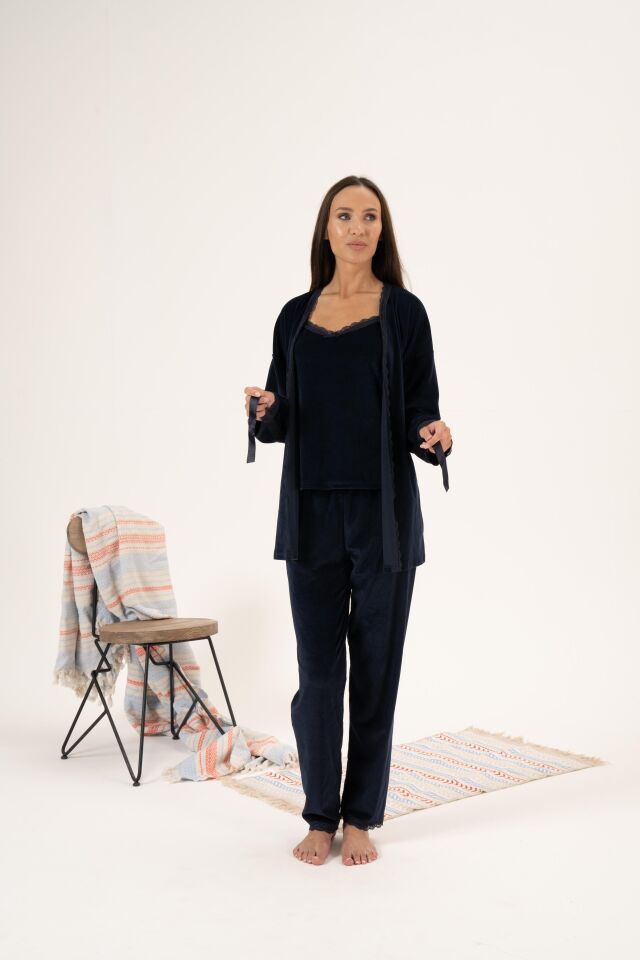 Kadın Kışlık 3 Parça Sabahlıklı Kadife Pijama Takımı L - Lacivert