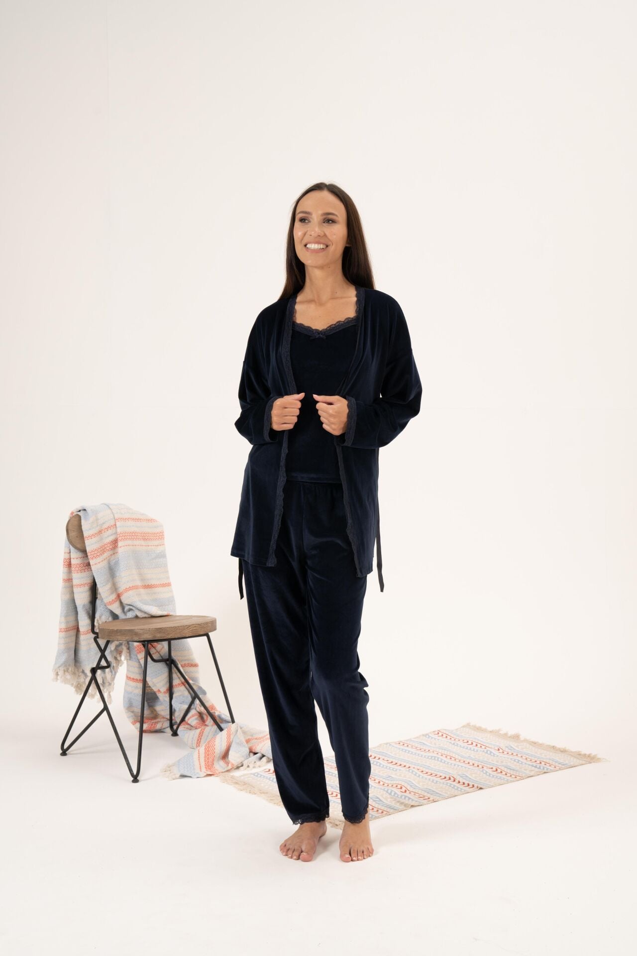 Kadın Kışlık 3 Parça Sabahlıklı Kadife Pijama Takımı XL - Lacivert