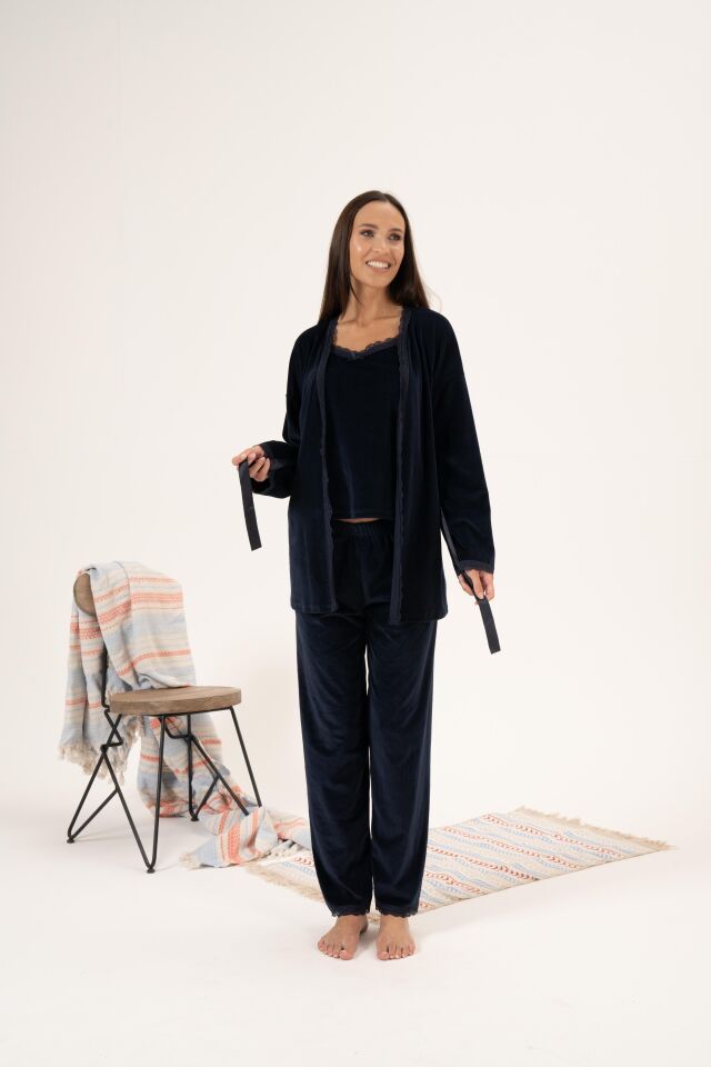 Kadın Kışlık 3 Parça Sabahlıklı Kadife Pijama Takımı XL - Lacivert