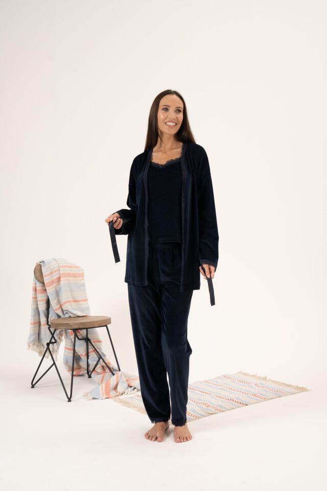 Kadın Kışlık 3 Parça Sabahlıklı Kadife Pijama Takımı XL - Lacivert