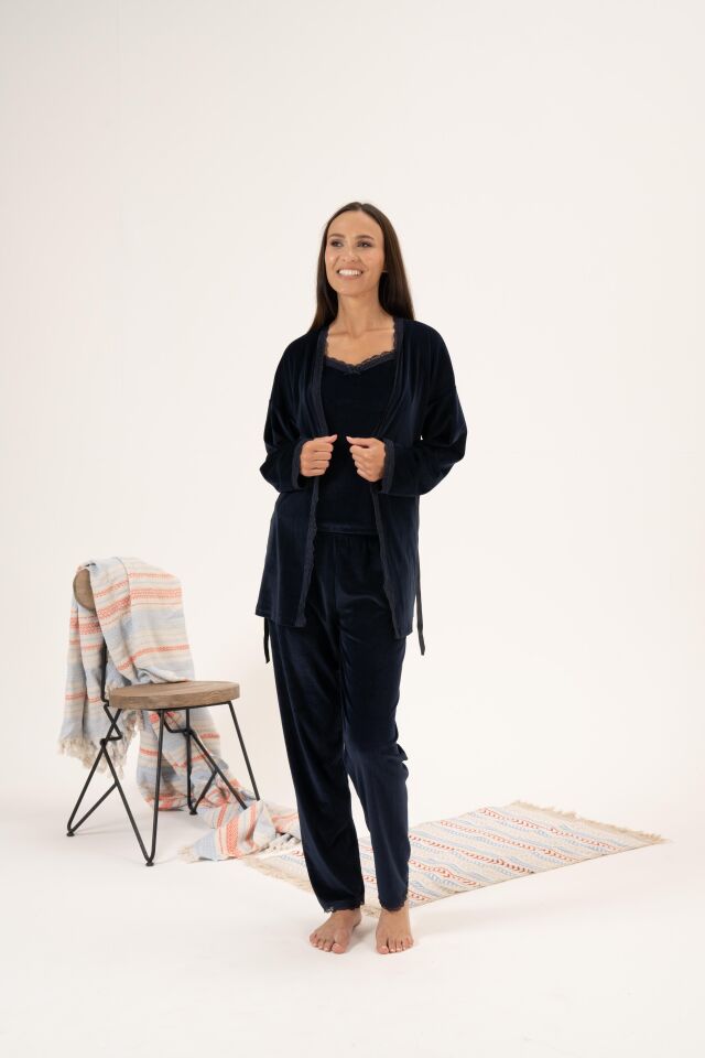 Kadın Kışlık 3 Parça Sabahlıklı Kadife Pijama Takımı 2XL - Lacivert