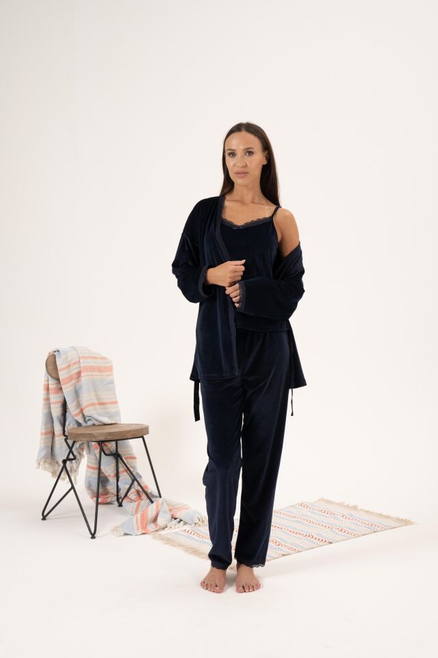 Kadın Kışlık 3 Parça Sabahlıklı Kadife Pijama Takımı 2XL - Lacivert