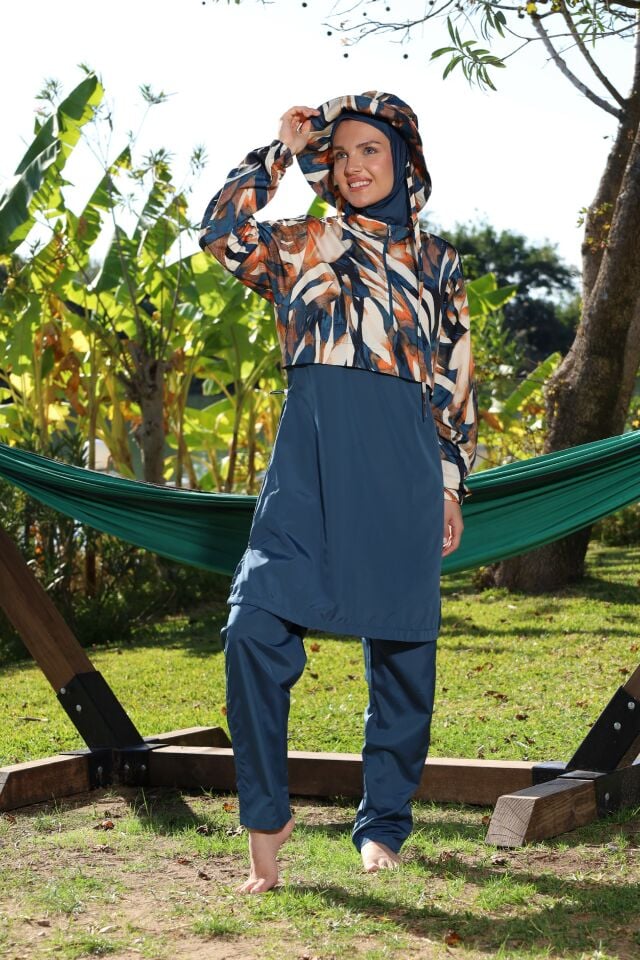 Estiva Jungle Tam Kapalı Croplu Şapkalı Pantolonlu Tesettür Mayo