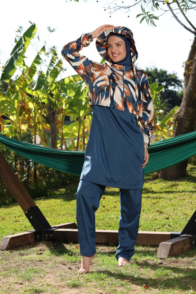 Estiva Jungle Tam Kapalı Croplu Şapkalı Pantolonlu Tesettür Mayo