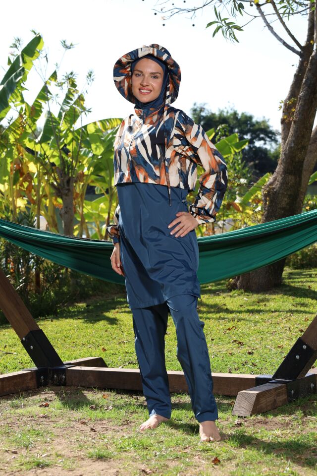 Estiva Jungle Tam Kapalı Croplu Şapkalı Pantolonlu Tesettür Mayo