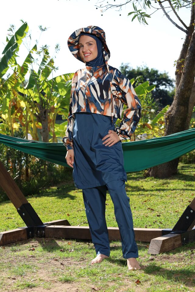 Estiva Jungle Tam Kapalı Croplu Şapkalı Pantolonlu Tesettür Mayo