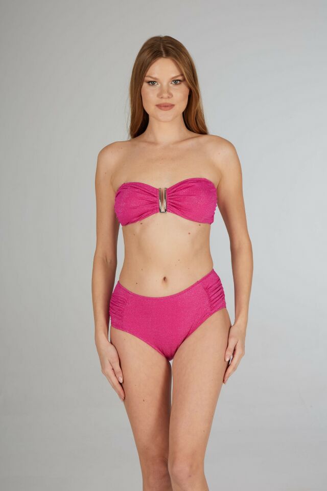Estiva Kadın Parlak Fuşya Yüksek Bel Britli Aksesuarlı Straplez Bikini Takımı