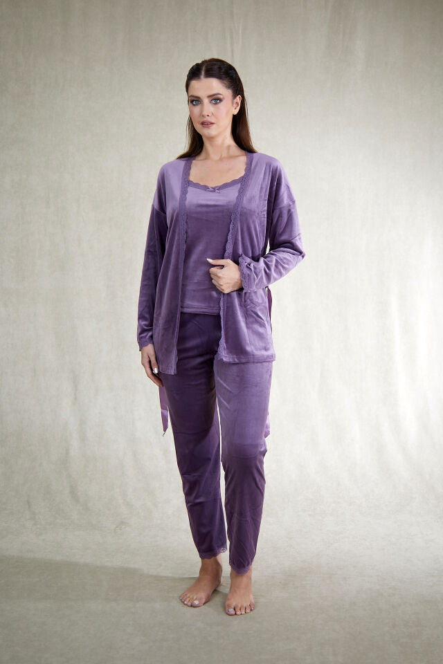 Kadın Kışlık 3 Parça Sabahlıklı Kadife Pijama Takımı M - Lila