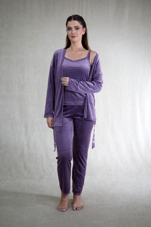 Kadın Kışlık 3 Parça Sabahlıklı Kadife Pijama Takımı M - Lila