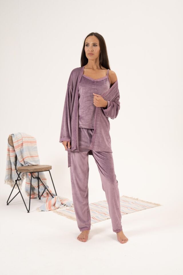 Kadın Kışlık 3 Parça Sabahlıklı Kadife Pijama Takımı L - Lila