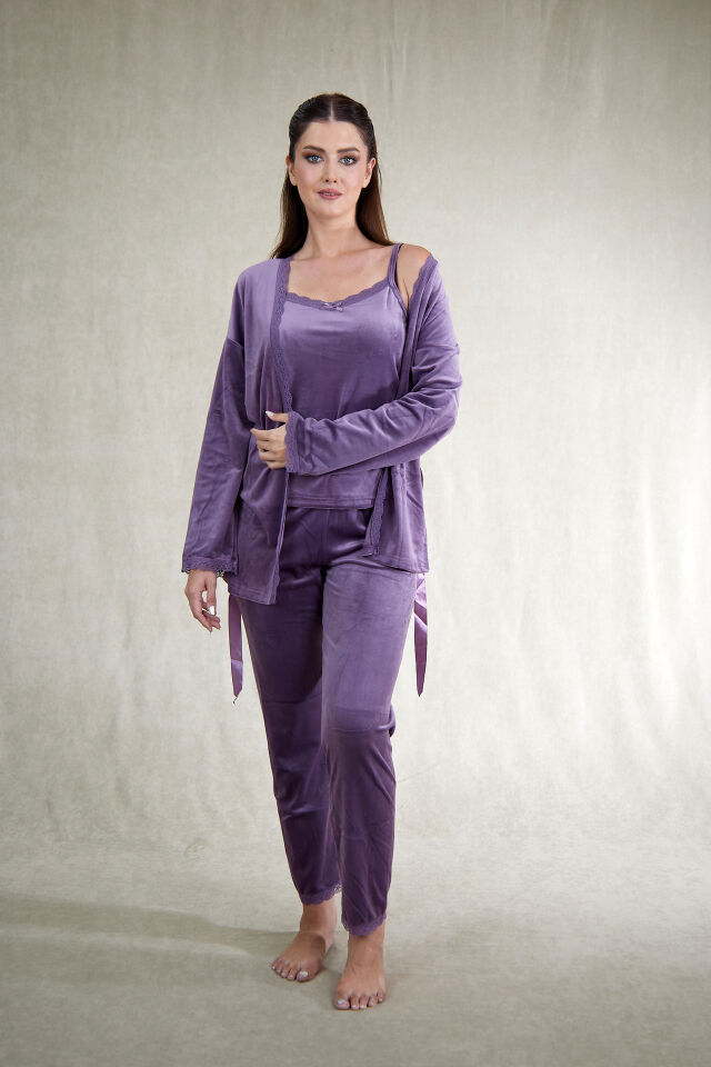 Kadın Kışlık 3 Parça Sabahlıklı Kadife Pijama Takımı L - Lila