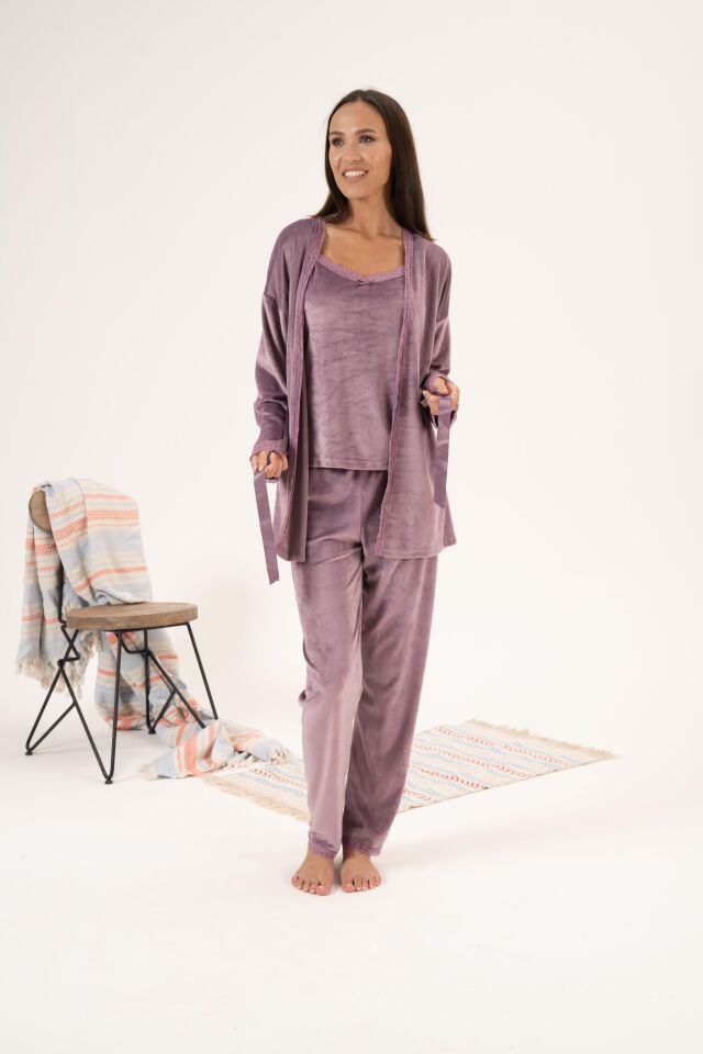 Kadın Kışlık 3 Parça Sabahlıklı Kadife Pijama Takımı L - Lila