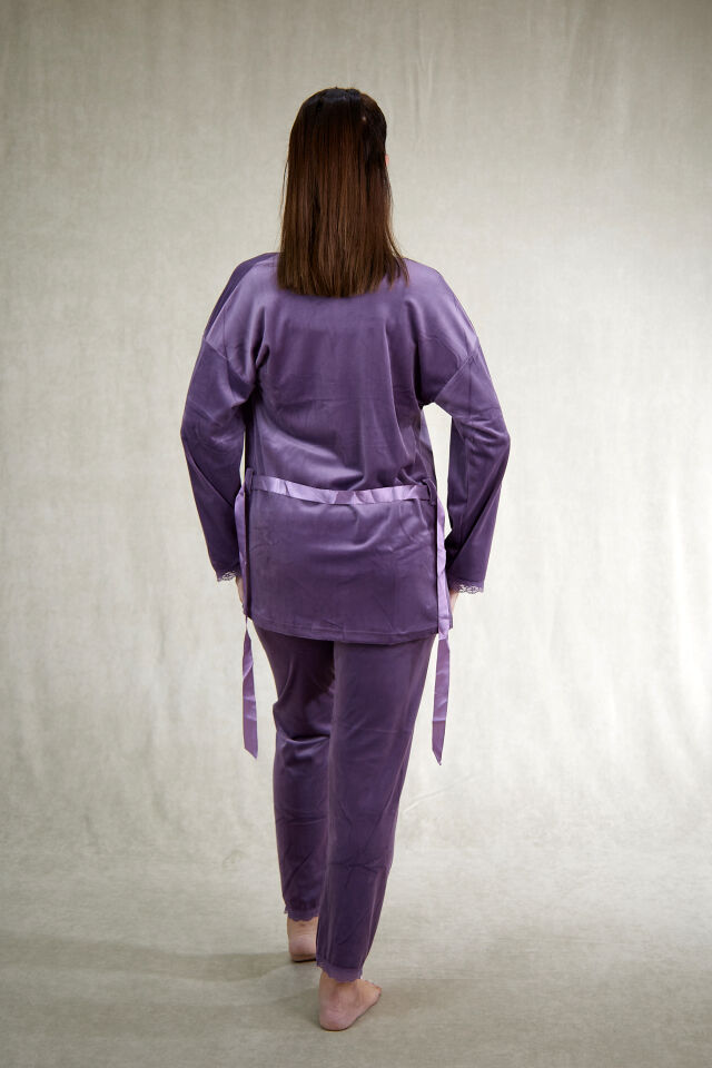 Kadın Kışlık 3 Parça Sabahlıklı Kadife Pijama Takımı L - Lila