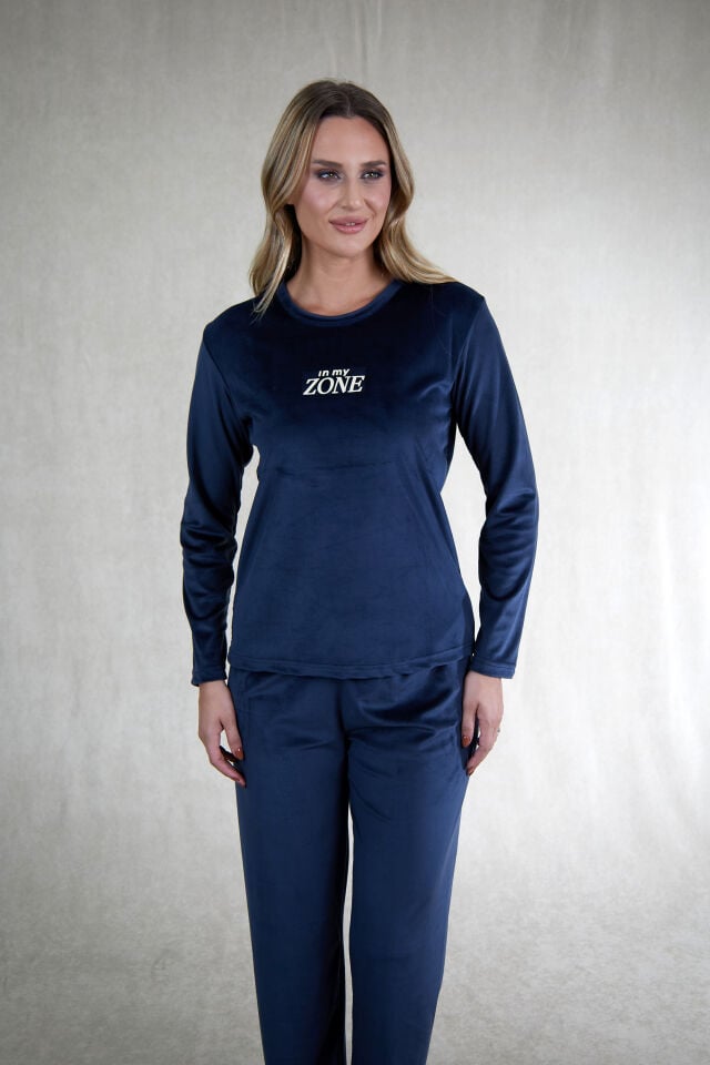 Estiva Kadın Zone Yazılı Kadife Pijama Takımı Lacivert - L