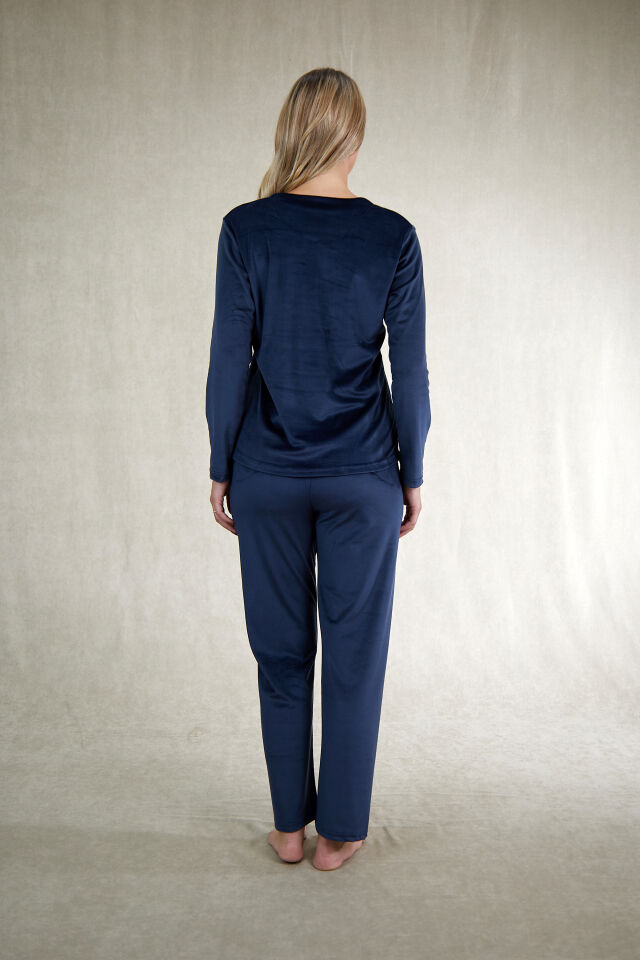 Estiva Kadın Zone Yazılı Kadife Pijama Takımı Lacivert - L