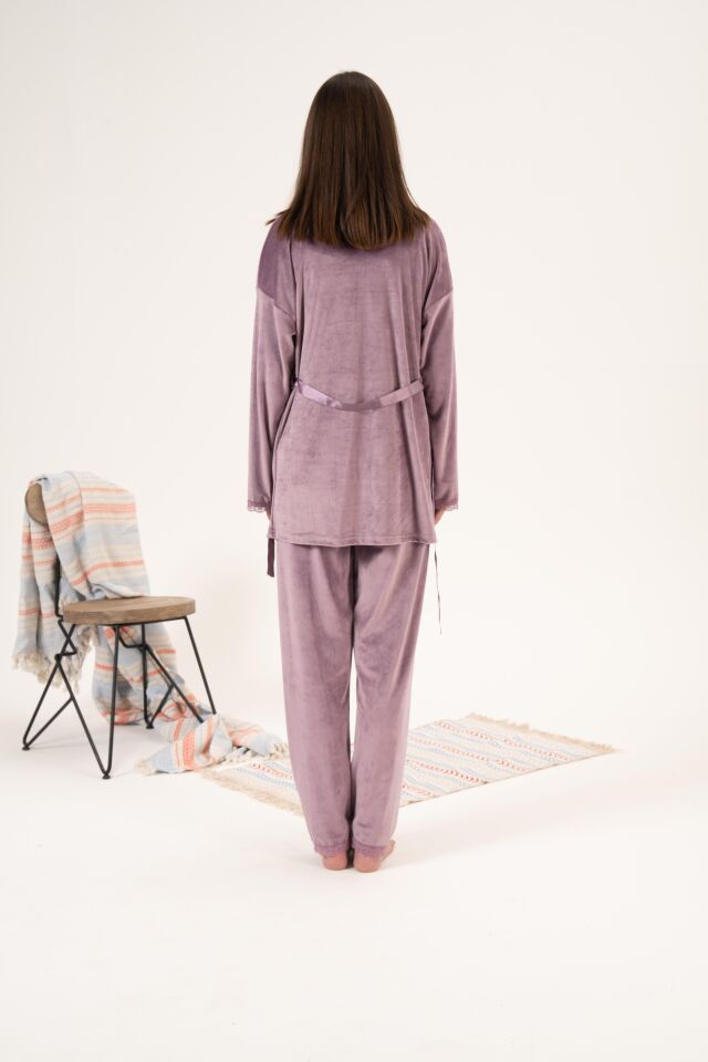 Kadın Kışlık 3 Parça Sabahlıklı Kadife Pijama Takımı XL - Lila