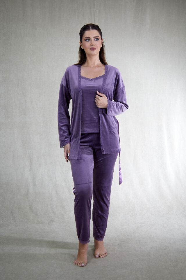 Kadın Kışlık 3 Parça Sabahlıklı Kadife Pijama Takımı XL - Lila