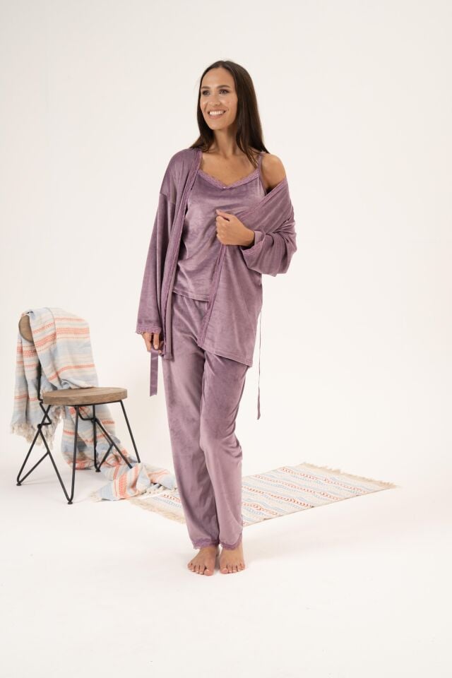 Kadın Kışlık 3 Parça Sabahlıklı Kadife Pijama Takımı XL - Lila