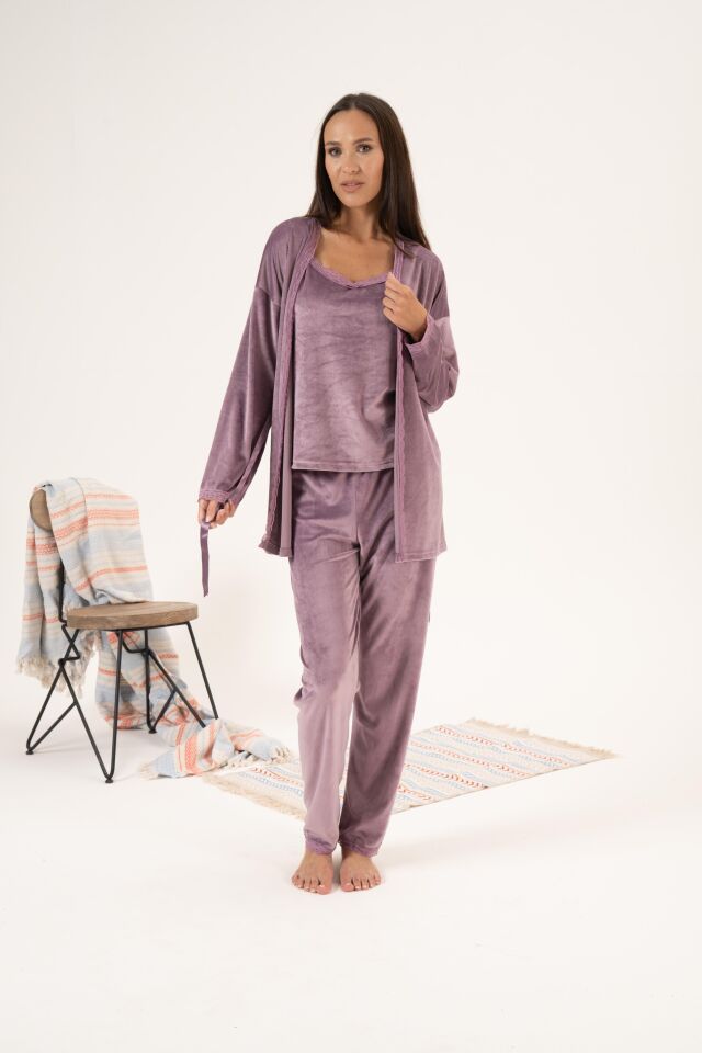 Kadın Kışlık 3 Parça Sabahlıklı Kadife Pijama Takımı XL - Lila