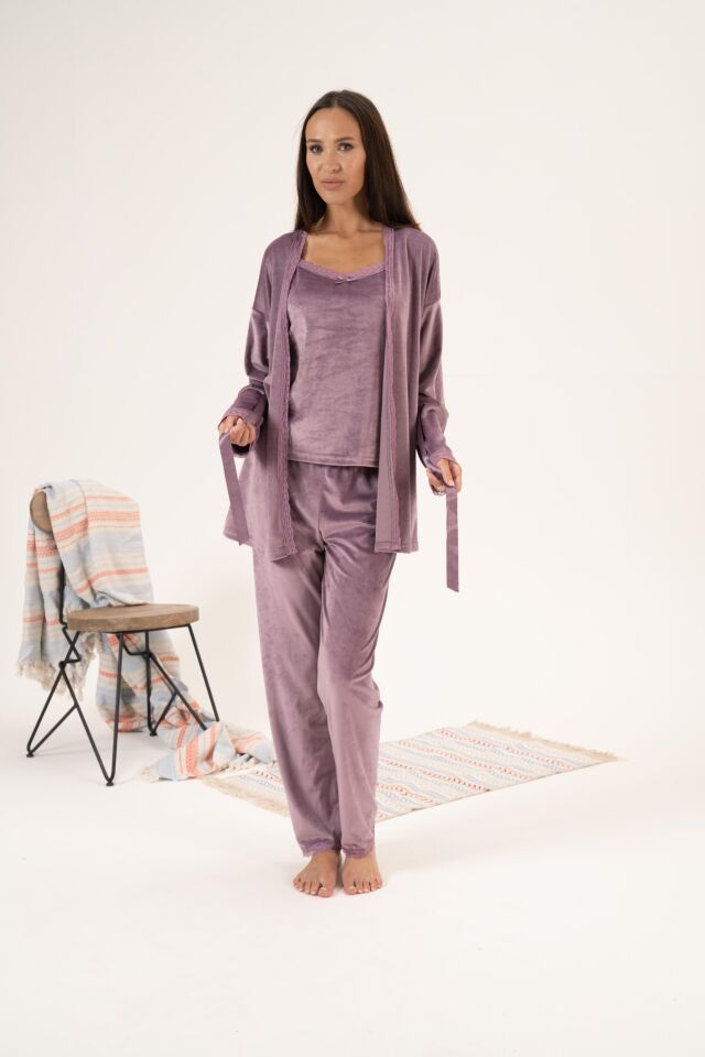 Kadın Kışlık 3 Parça Sabahlıklı Kadife Pijama Takımı XL - Lila