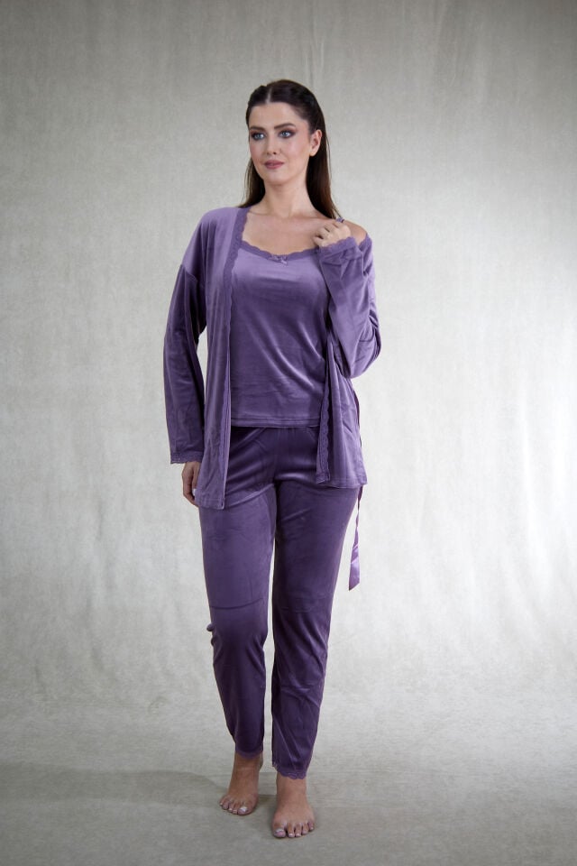 Kadın Kışlık 3 Parça Sabahlıklı Kadife Pijama Takımı XL - Lila