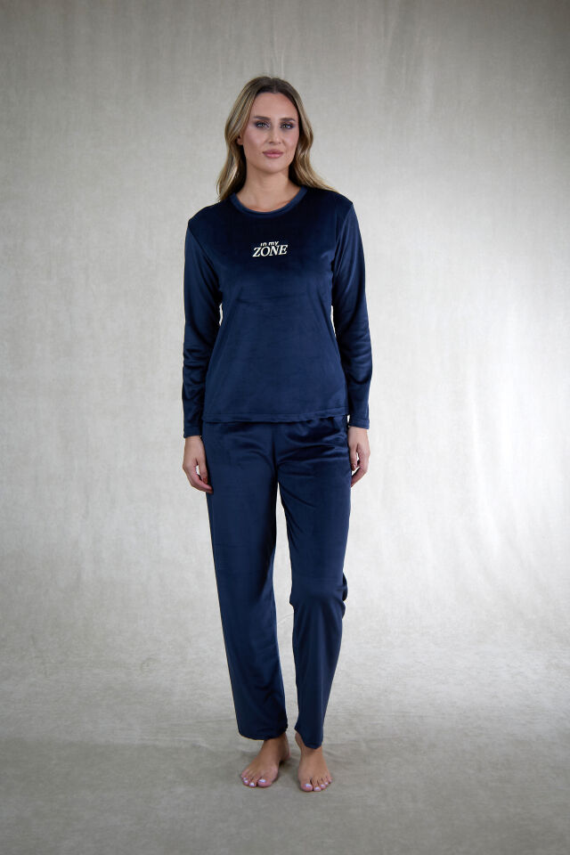Estiva Kadın Zone Yazılı Kadife Pijama Takımı Lacivert - XL
