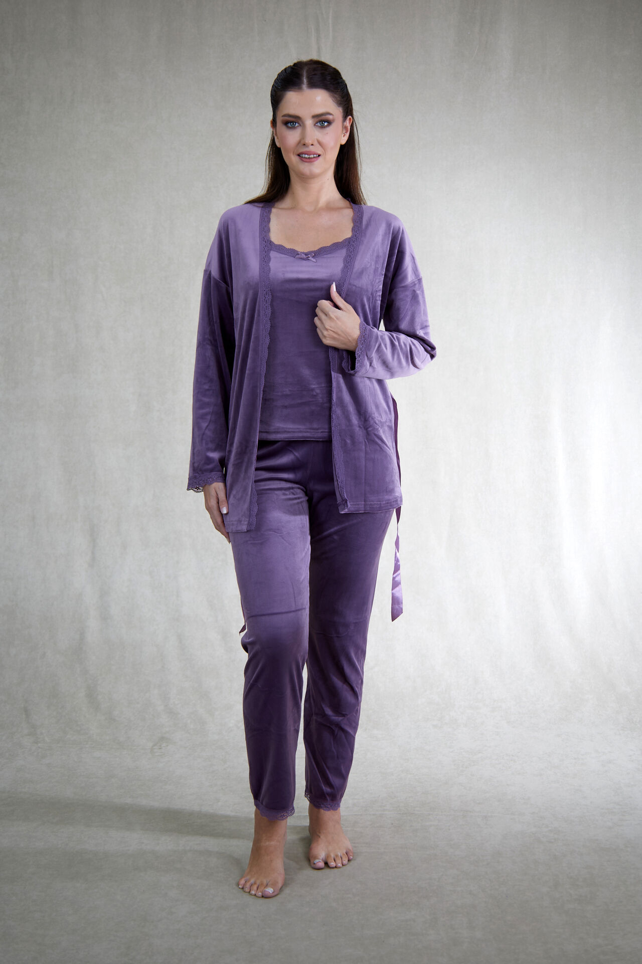 Kadın Kışlık 3 Parça Sabahlıklı Kadife Pijama Takımı 2XL - Lila