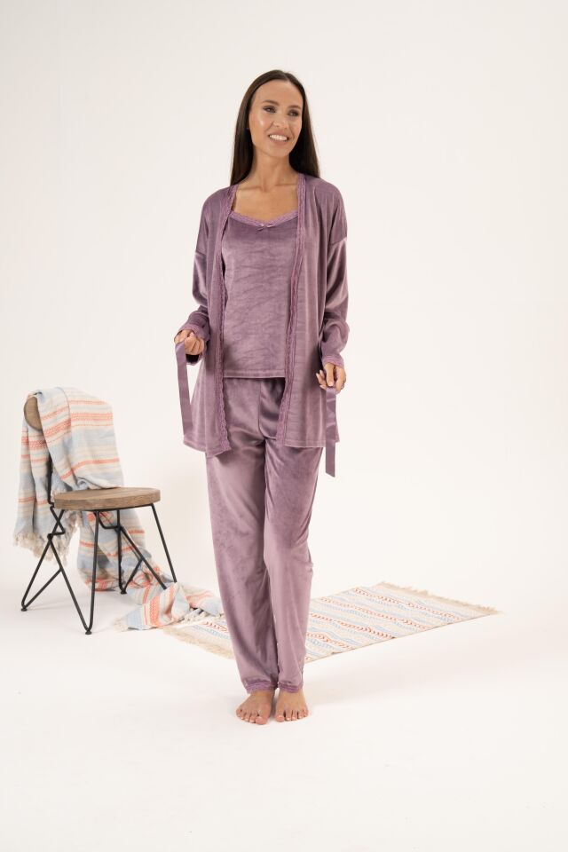 Kadın Kışlık 3 Parça Sabahlıklı Kadife Pijama Takımı 2XL - Lila