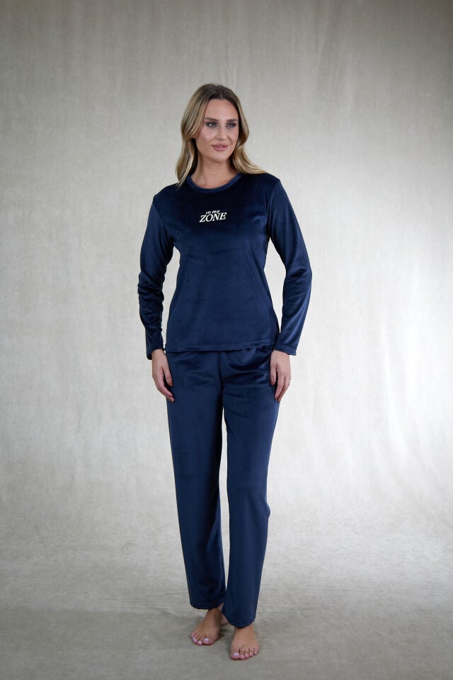 Estiva Kadın Zone Yazılı Kadife Pijama Takımı Lacivert - 2XL