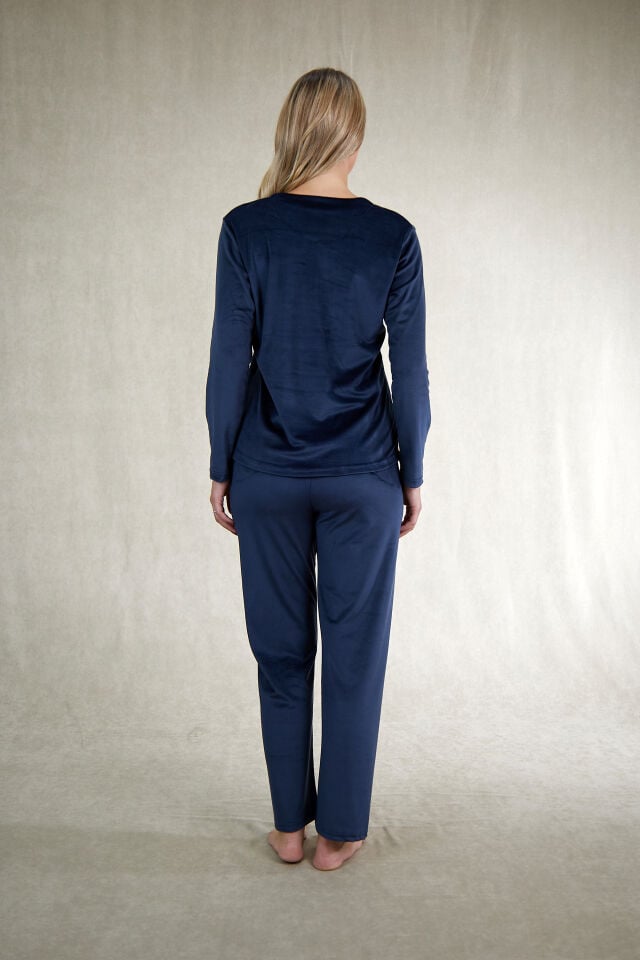 Estiva Kadın Zone Yazılı Kadife Pijama Takımı Lacivert - 2XL
